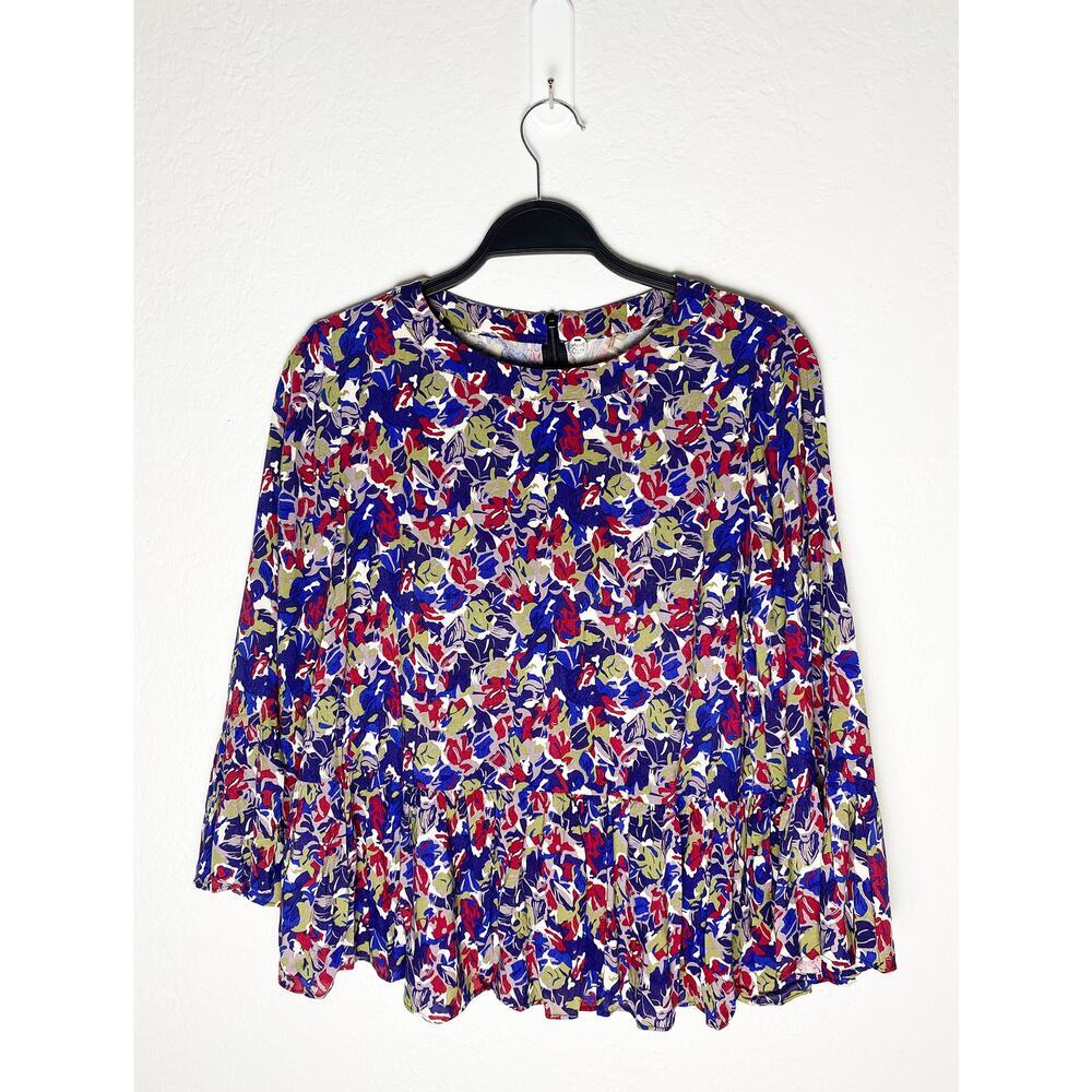 Margaret O'Leary Womens Flounced Top Ruffle Bell Sleeves Purple Green Red Beige